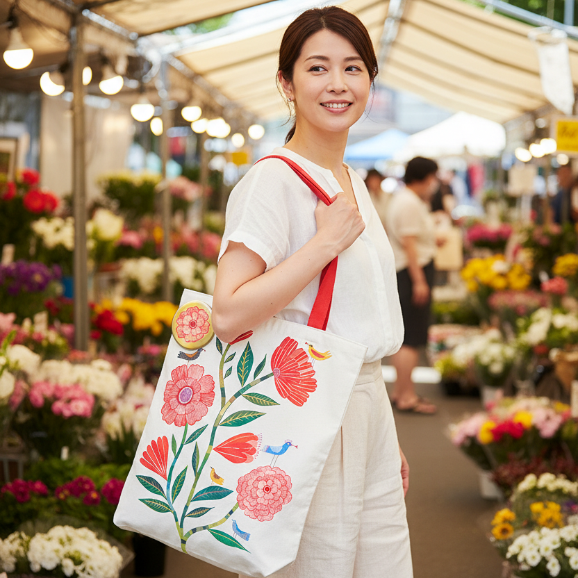 バッジ付きのトートバッグ(花)