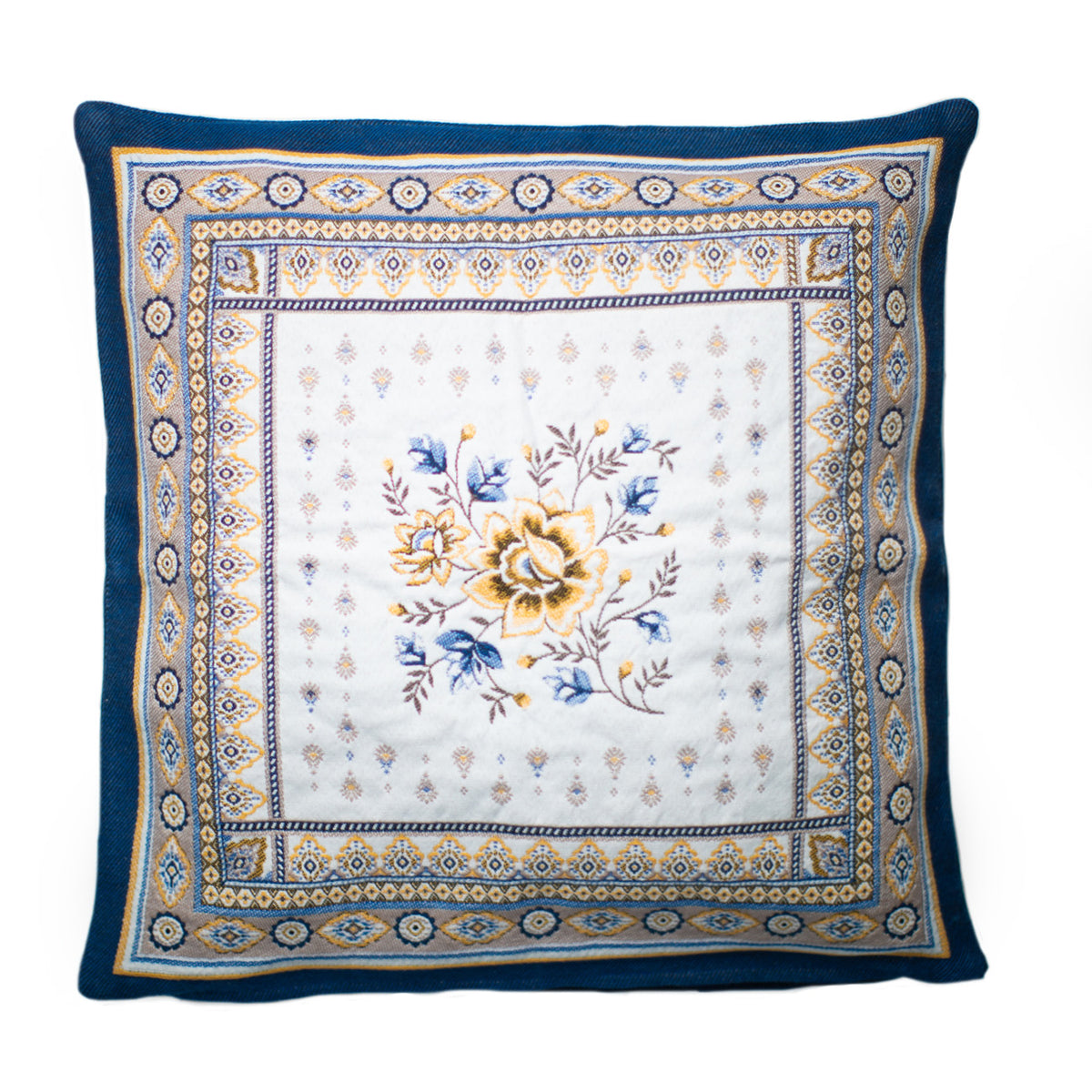 ブルーイエロー花柄クッションカバー - フランス雑貨 メゾン・ド・プロヴァンス