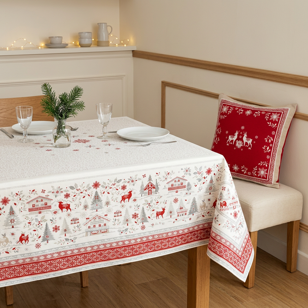 Square winter lifestyle hero featuring the Noel tablecloth and cushion cover